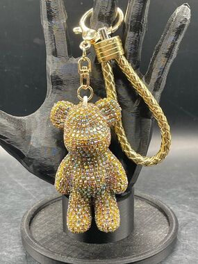Natasha Couture Rhinestone-Encrusted Teddy Bear Bag Charm Braided Gold Strap